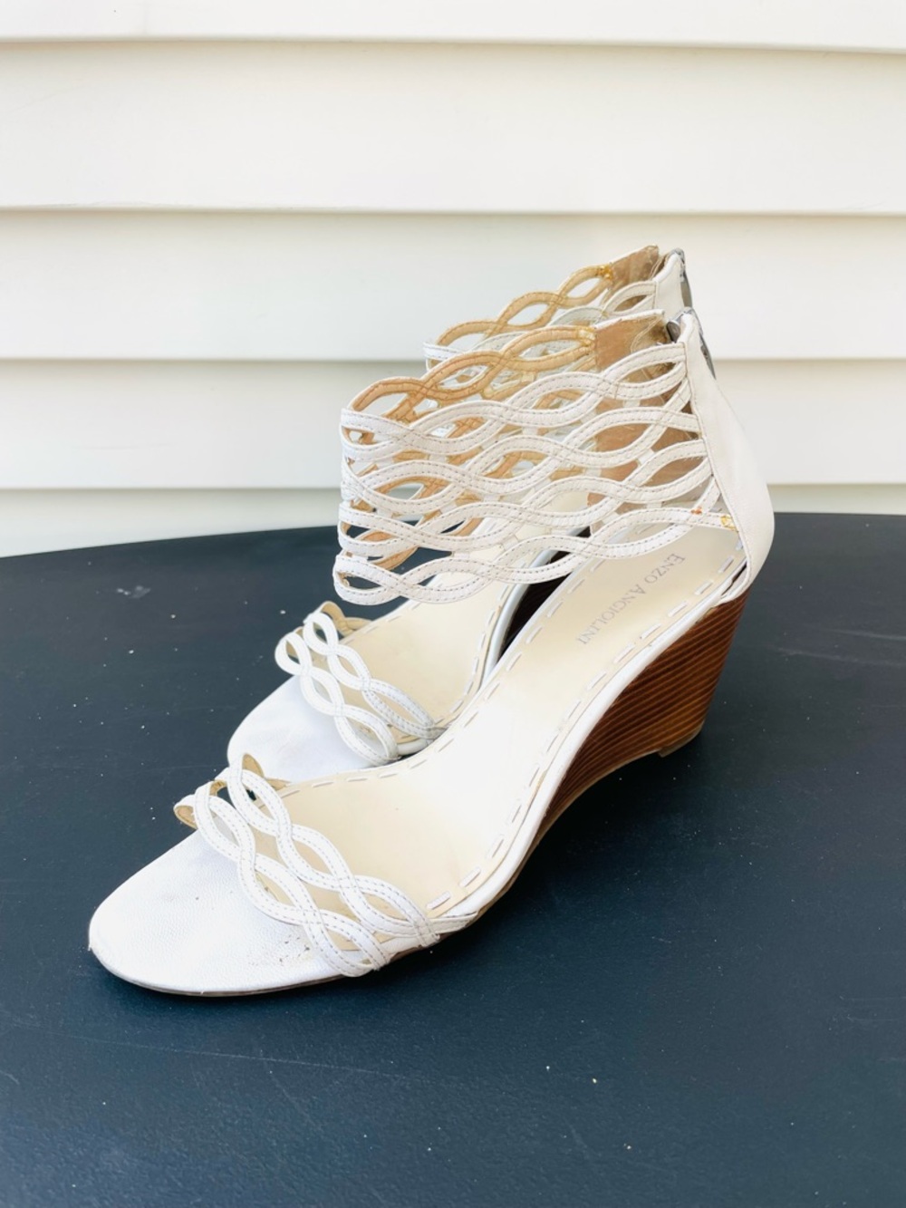 Enzo Angiolini Women's White Leather Wedge Sandals with Lattice Ankle band